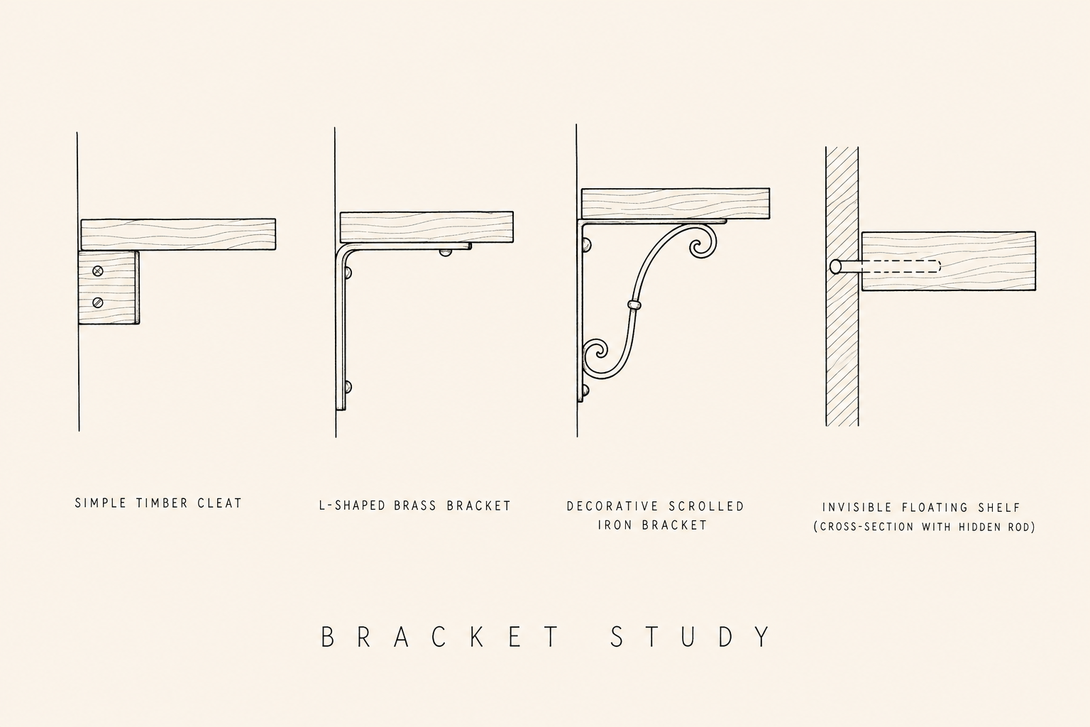 Bracket study showing four different shelf bracket types